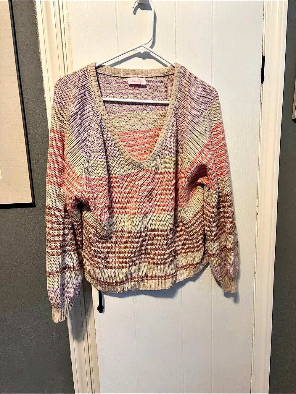 Pink Lily Aim For My Heart Purple Multi Striped V-Neck Sweater